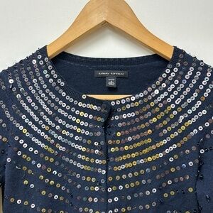 Banana Republic Cardigan Navy Blue Sequin Design Front Round Neck Size S